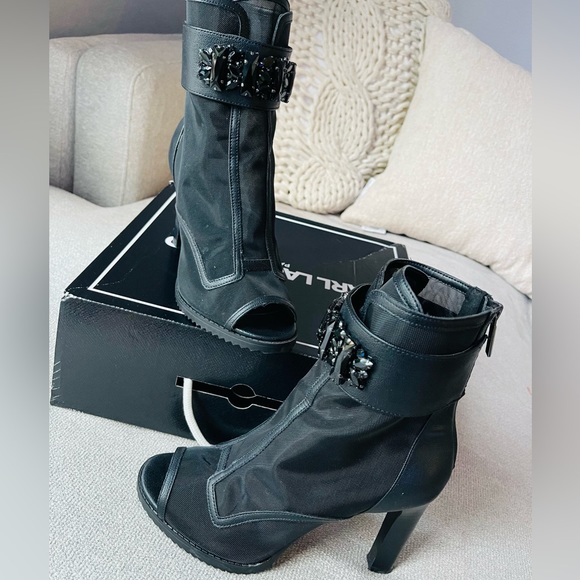 Karl Lagerfeld Paris Blayze Jewel Ornament Ankle Strap Peep Toe Booties - Picture 12 of 12